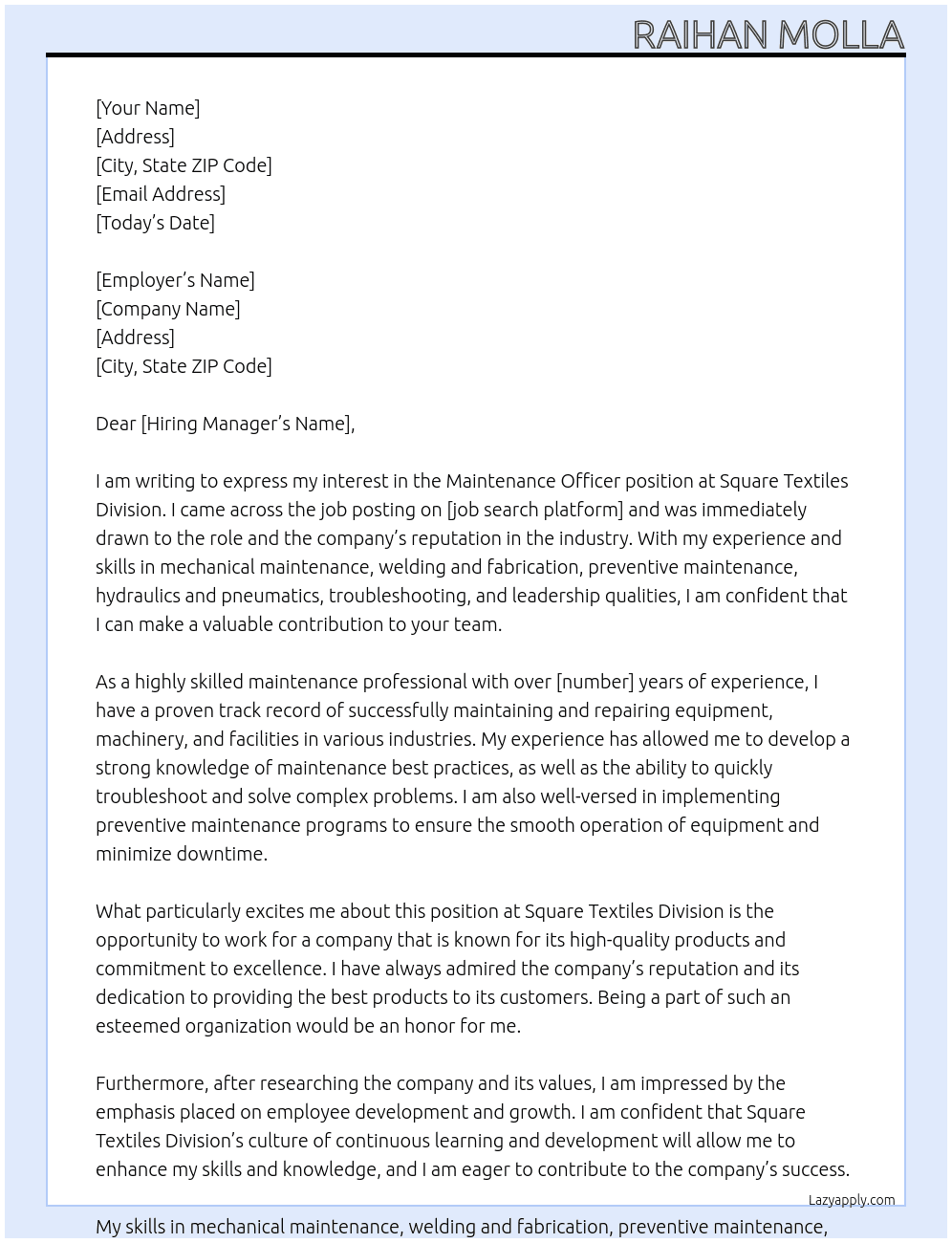 Maintenance officer At Square Textiles Division  Cover Letter