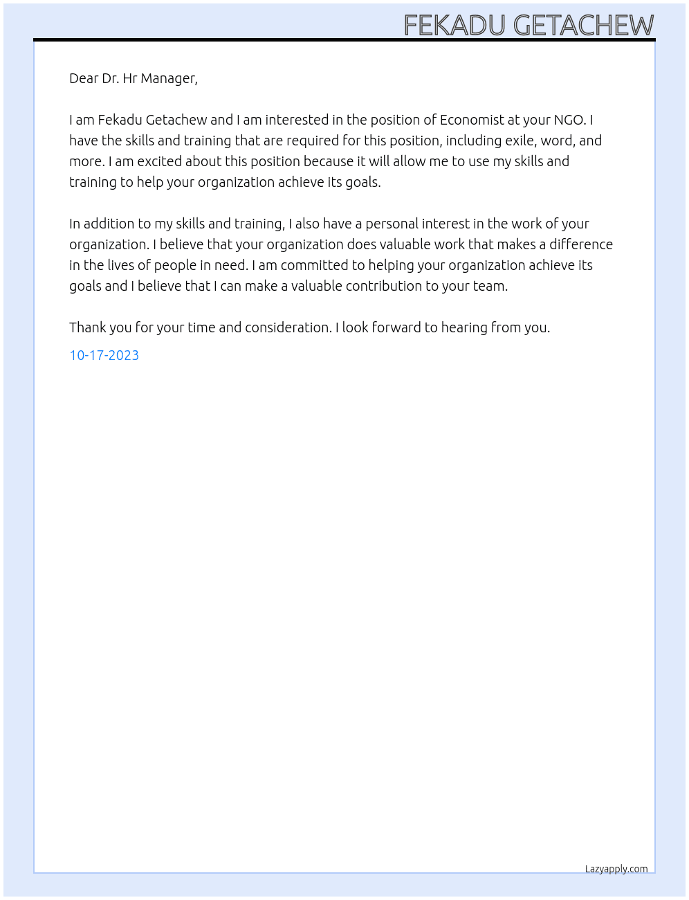 Economist  At NGO  Cover Letter