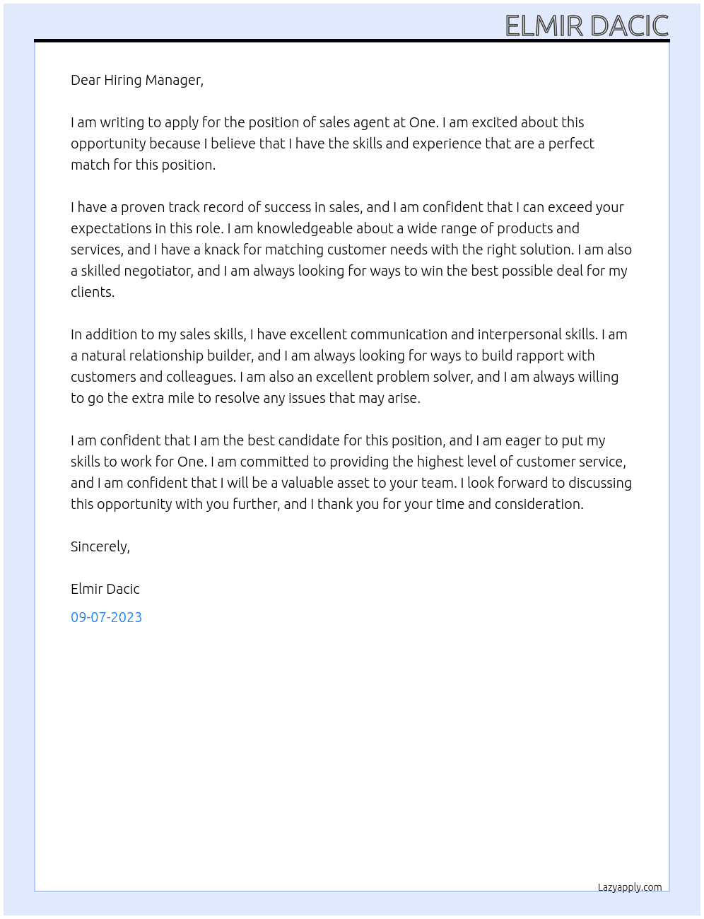 sales agent At One Cover Letter