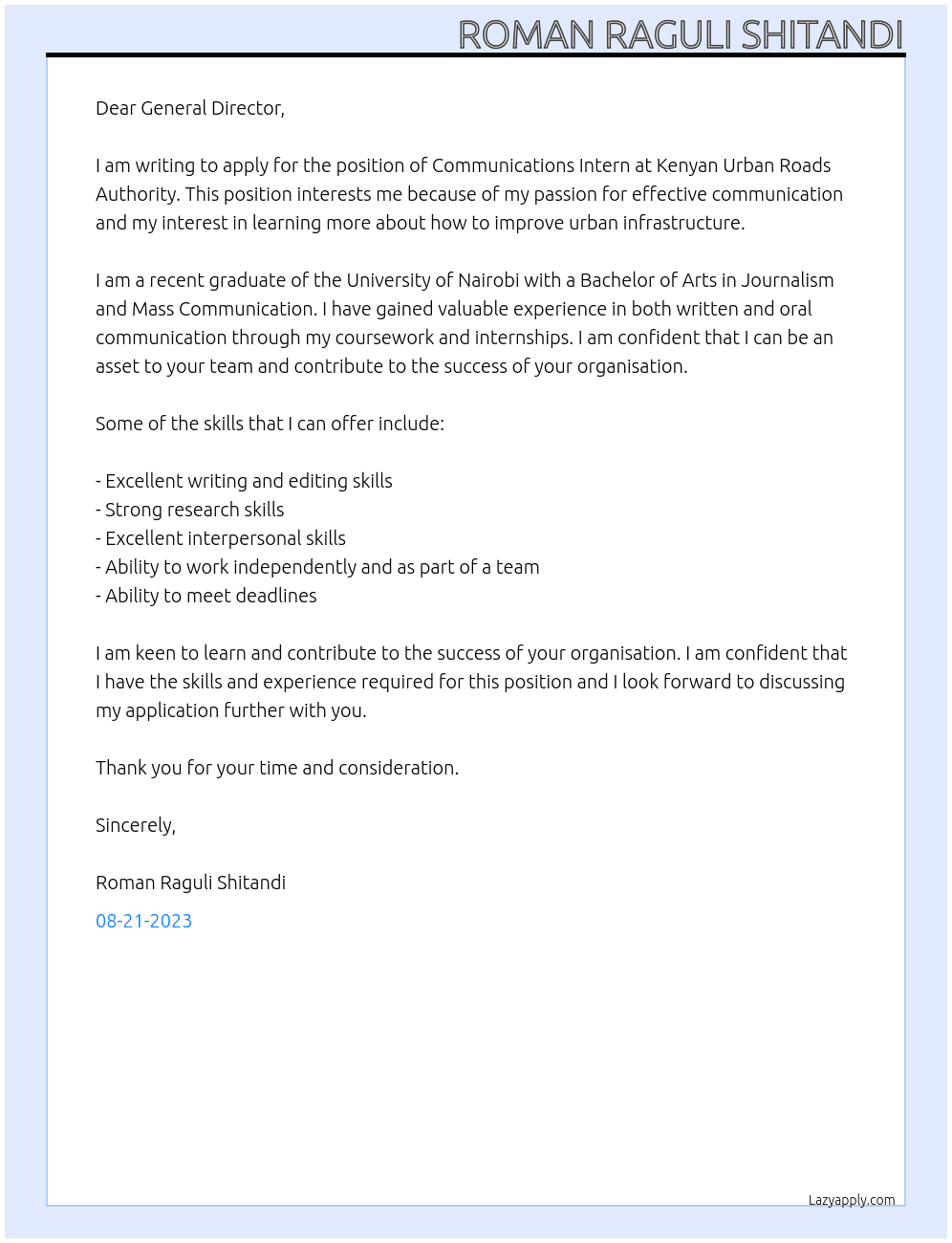 Communications Intern At Kenyan Urban Roads Authority Cover Letter