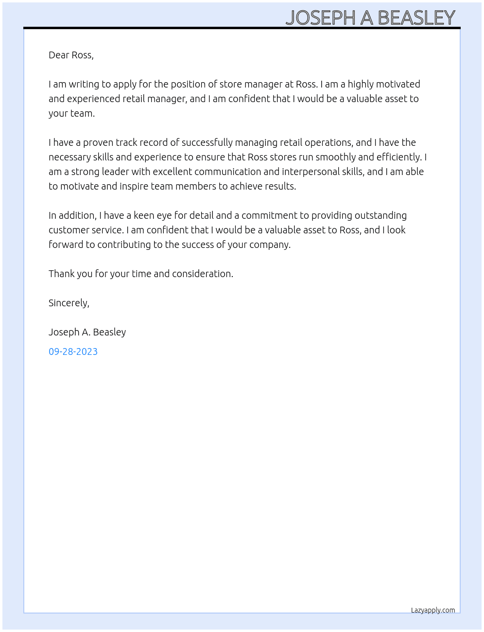 Store Manager At Ross Cover Letter