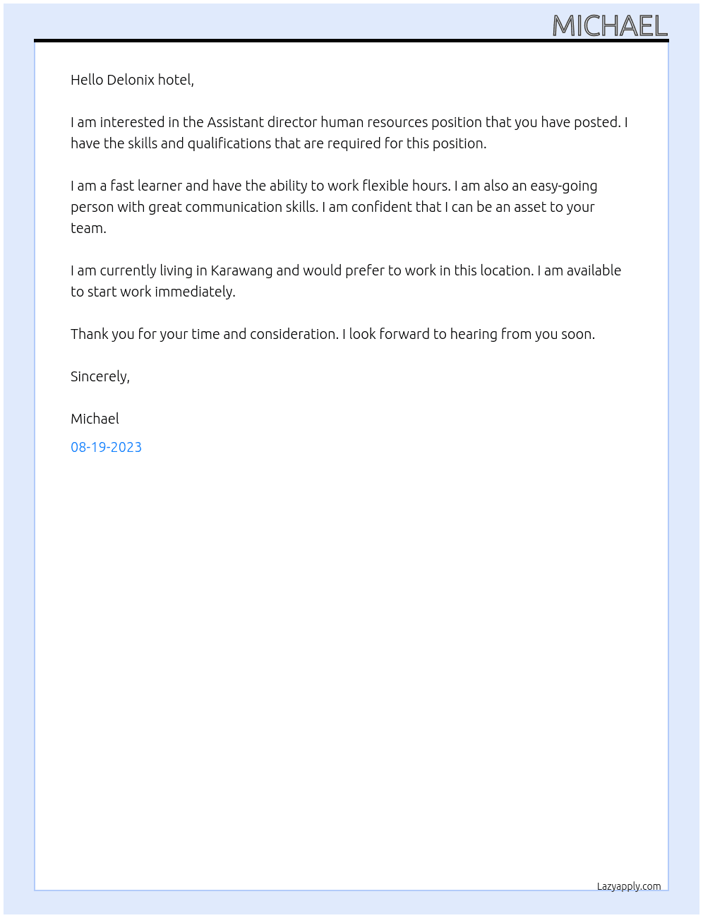 Assistant director human resources  At Delonix hotel Cover Letter