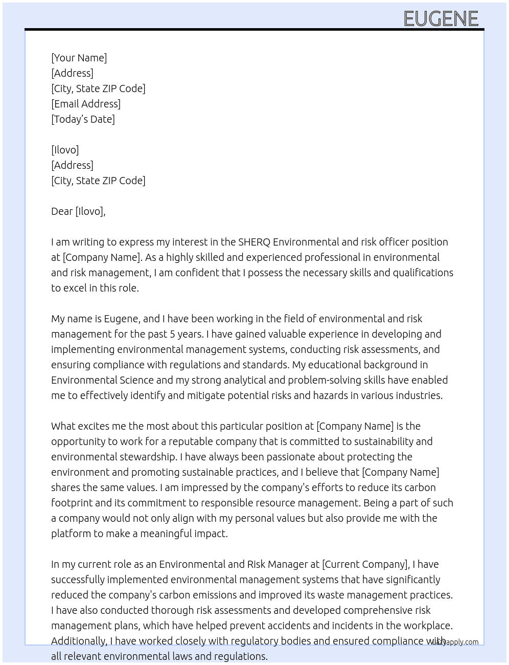 SHERQ Environmental and risk officer  At ILlovo Cover Letter