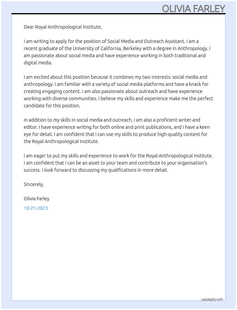 Social Media and Outreach Assistant  At Royal Anthropological Institute Cover Letter