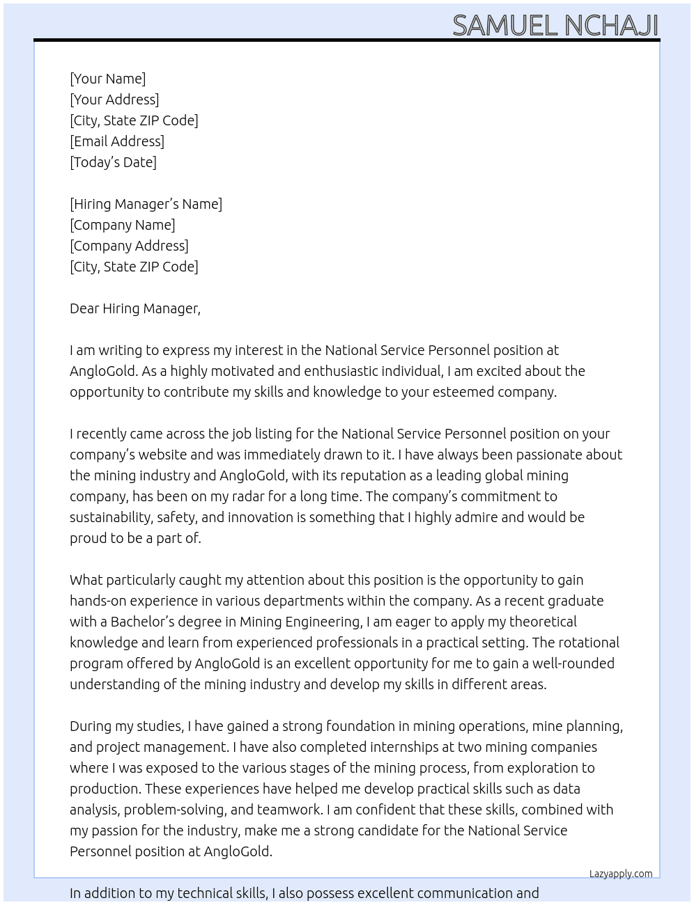 National service personnel At AngloGold Cover Letter