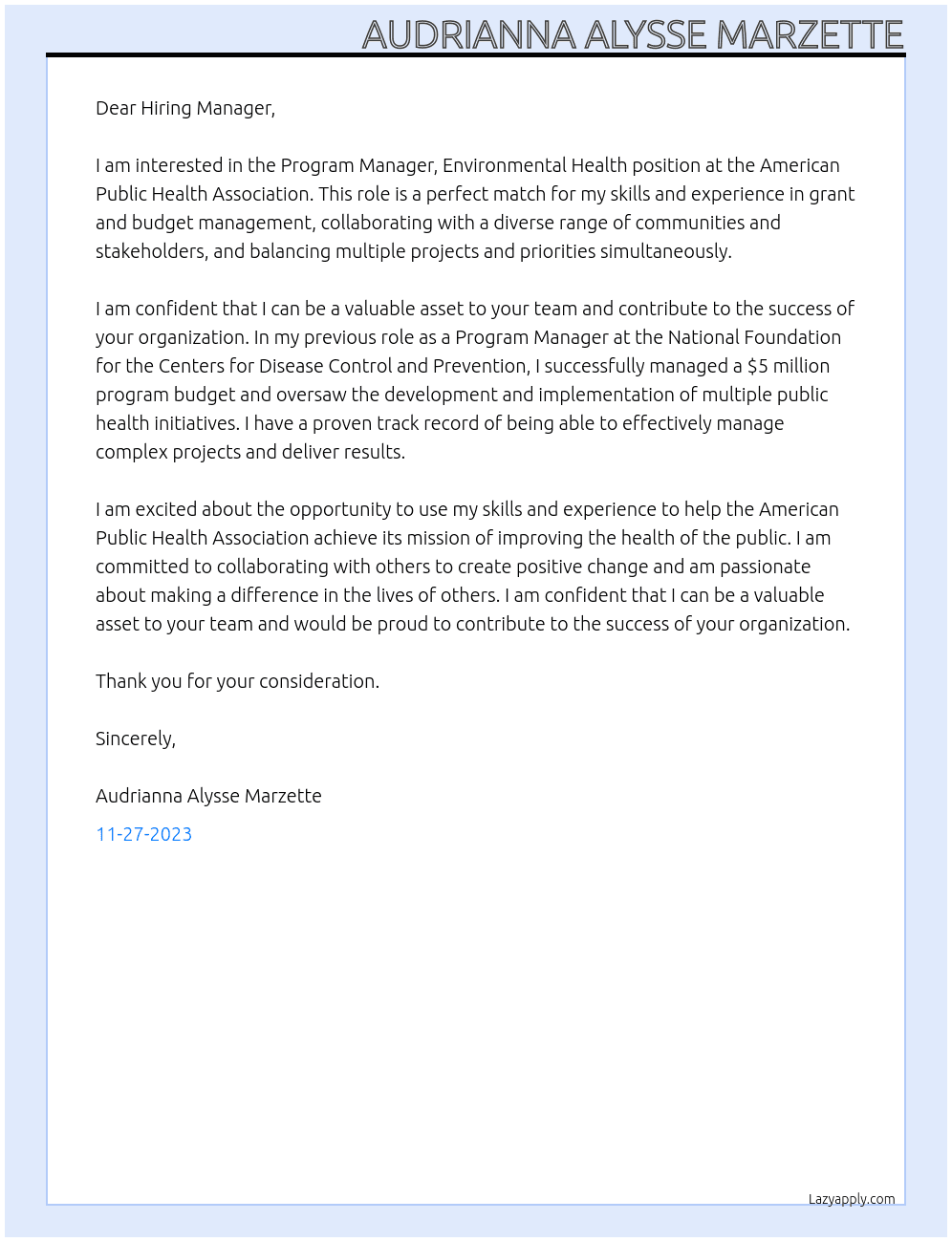 Program Manager, Environmental Health At American Public Health Association Cover Letter