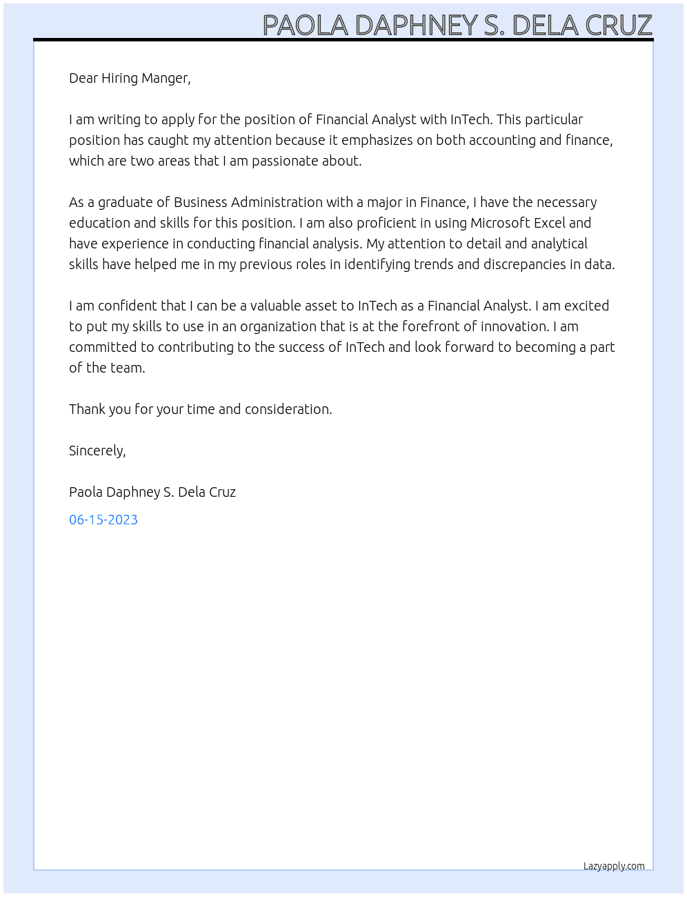 Financial Analyst At InTech Cover Letter