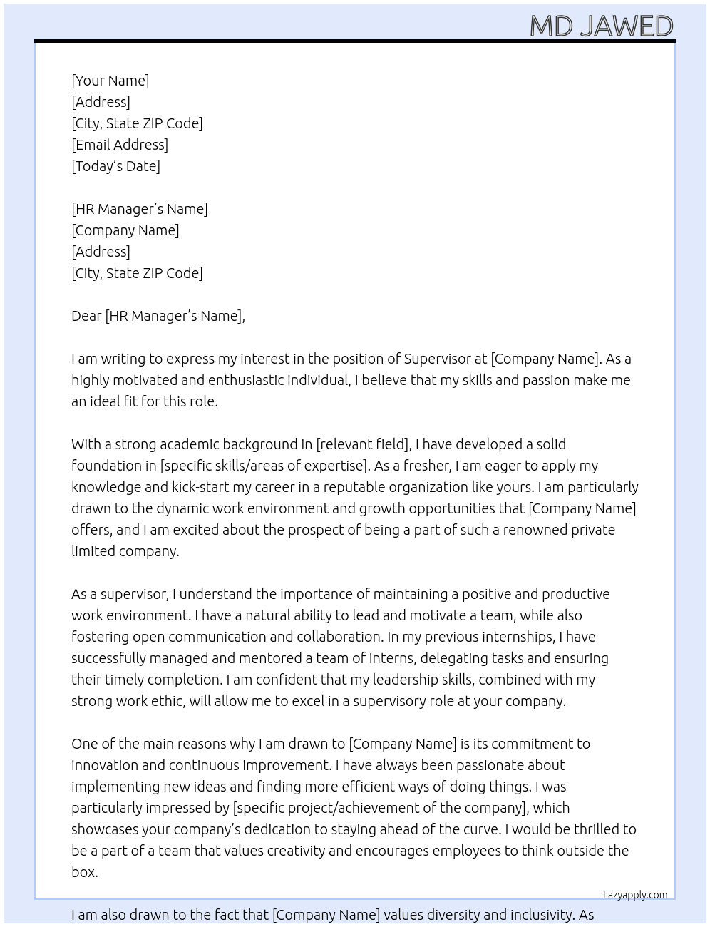 Supervisor At Private limited company Cover Letter