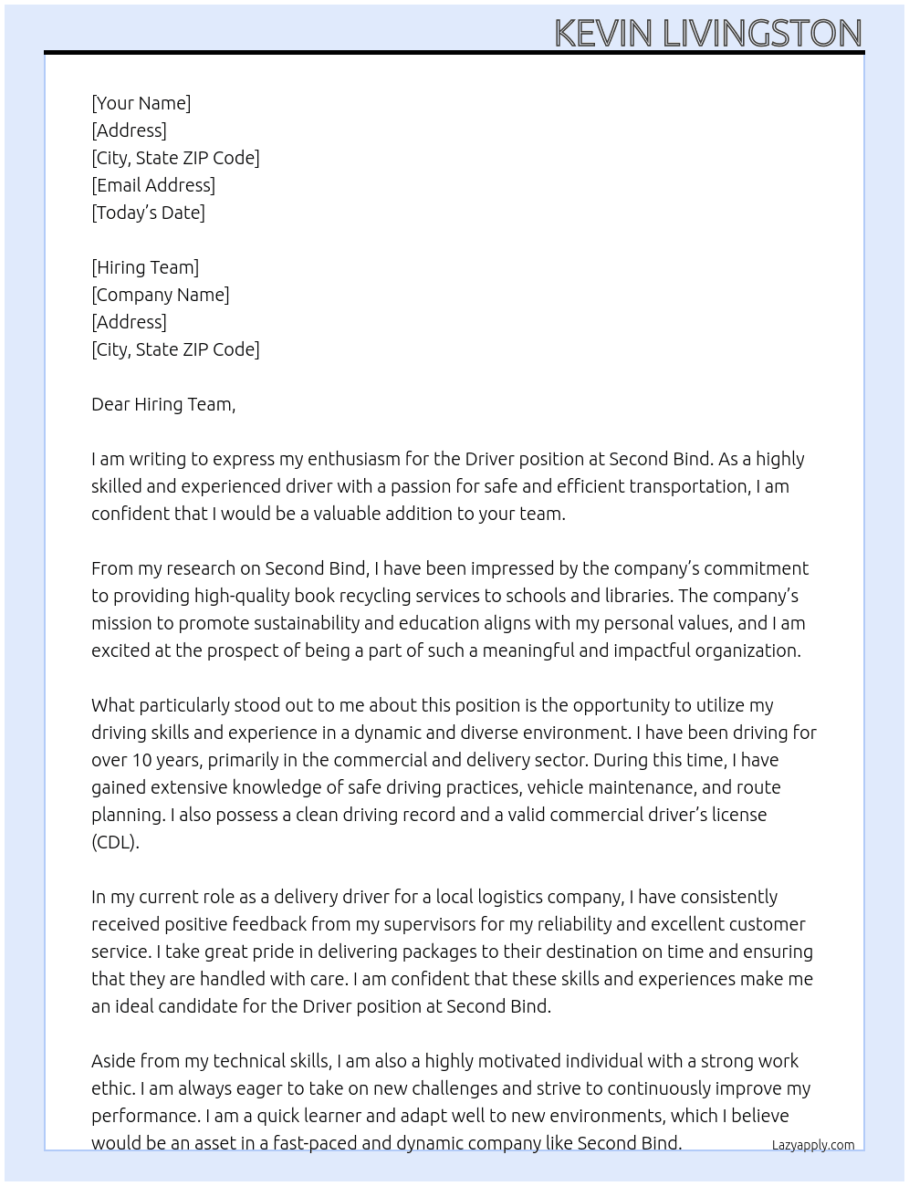 Driver At Second Bind Cover Letter