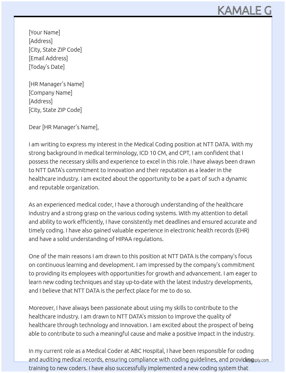 Medical coding  At NTT DATA Cover Letter