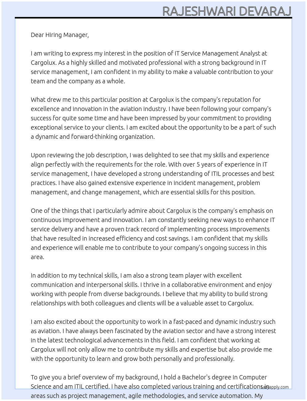IT Service Management Analyst At Cargolux Cover Letter
