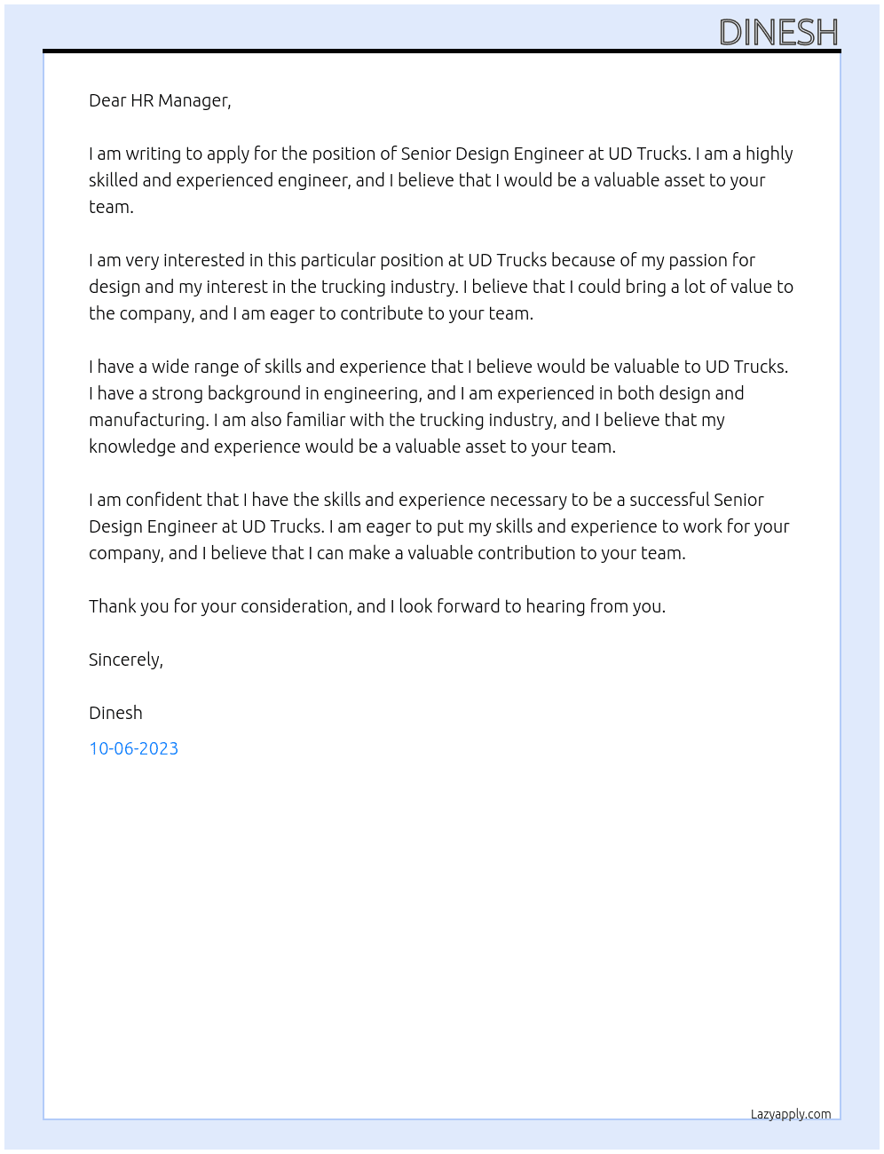 SENIOR DESING ENGINEER  At UD TRUCKS  Cover Letter