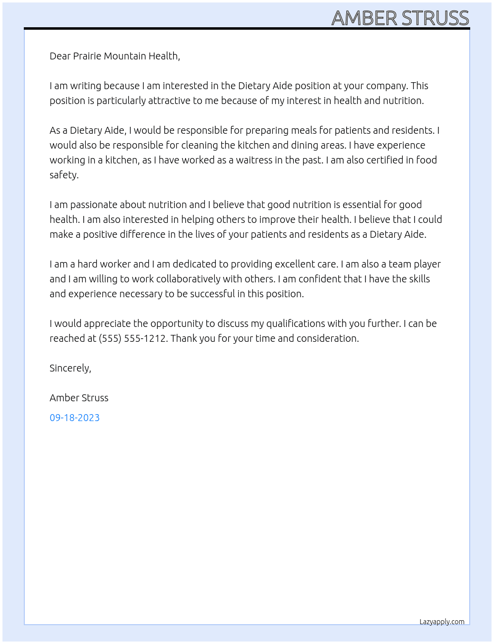 Dietary Aide At Prairie Mountain Healrh Cover Letter