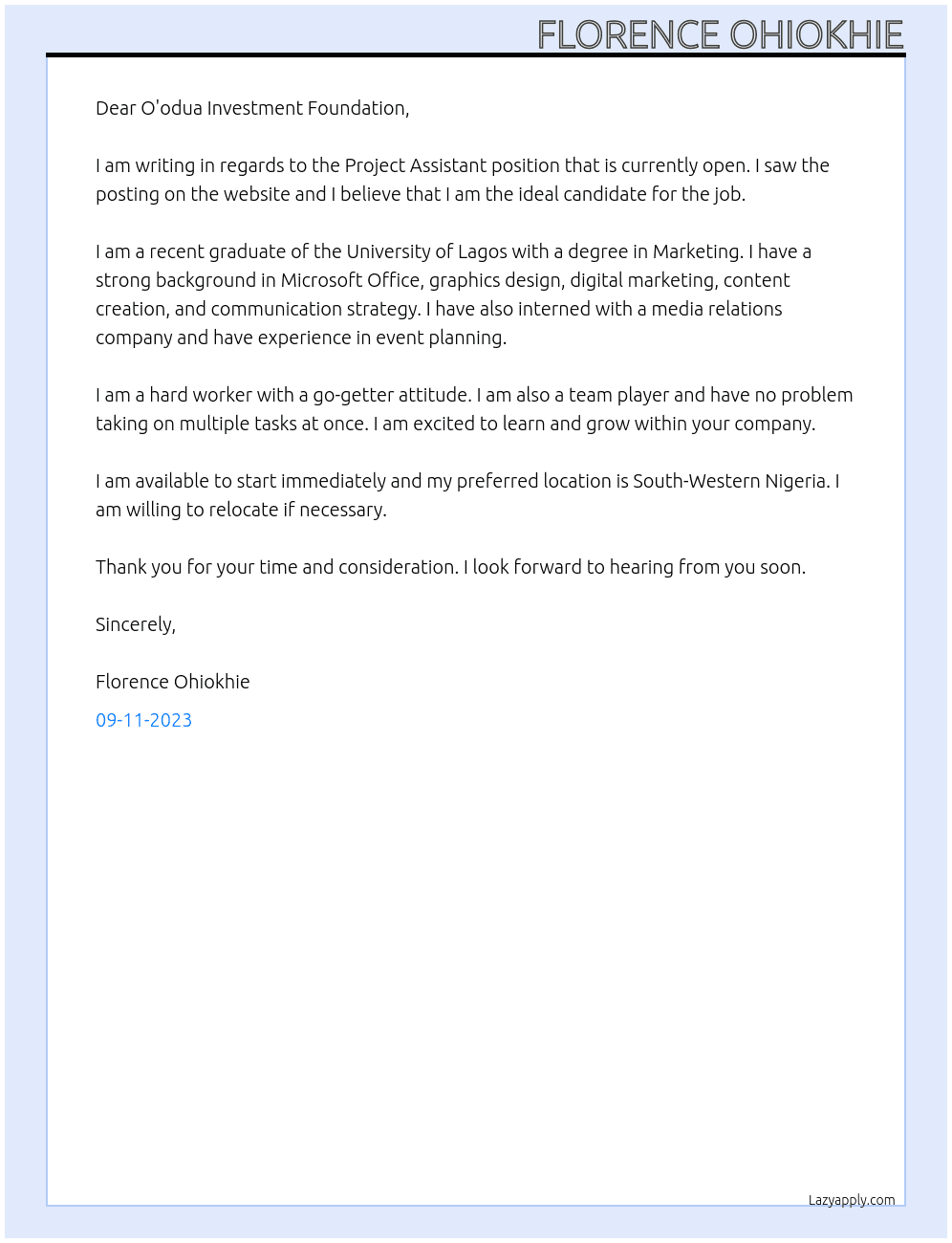 Project Assistant At  O'odua Investment Foundation -DEFINED Project Cover Letter