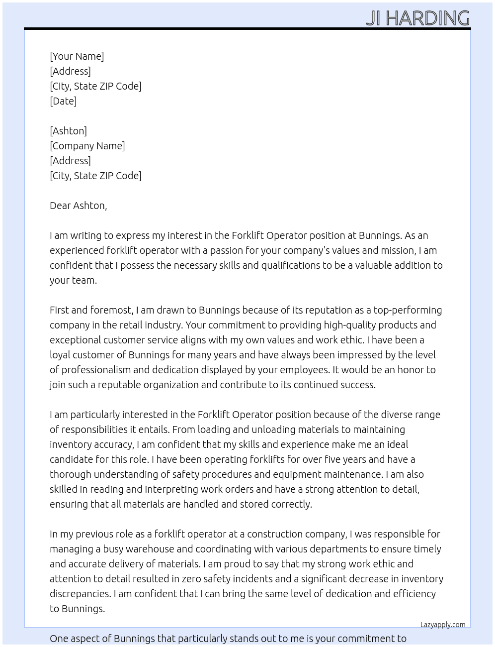Forklift operator At Bunnings Cover Letter