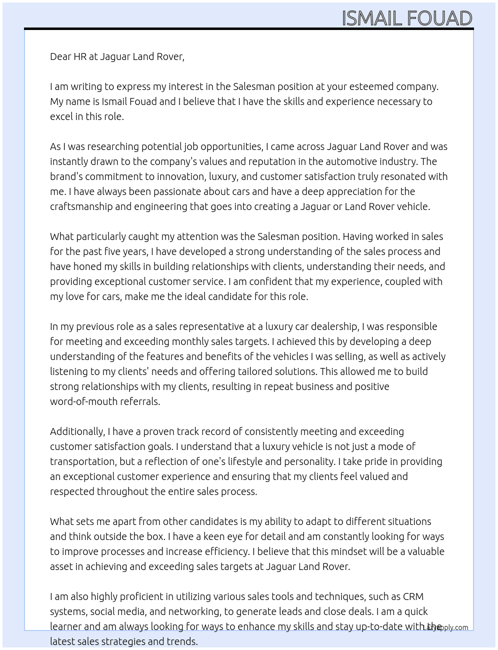 Salesman At Jaguar Land Rover Cover Letter