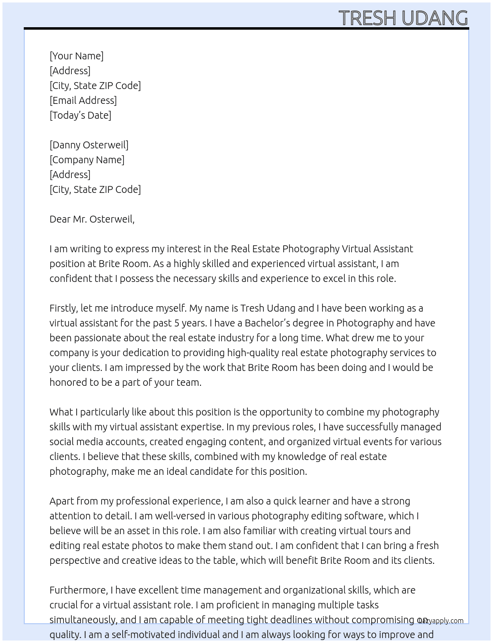 Real Estate Photography Virtual Assistant At Brite Room Cover Letter