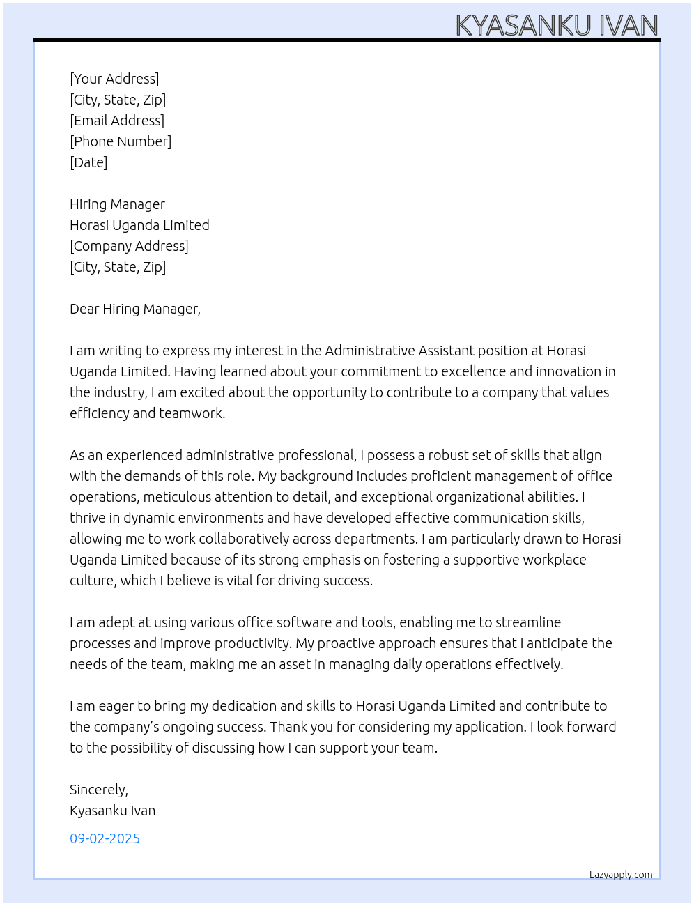 Administrative Assistant At Horasi Uganda Limited Cover Letter