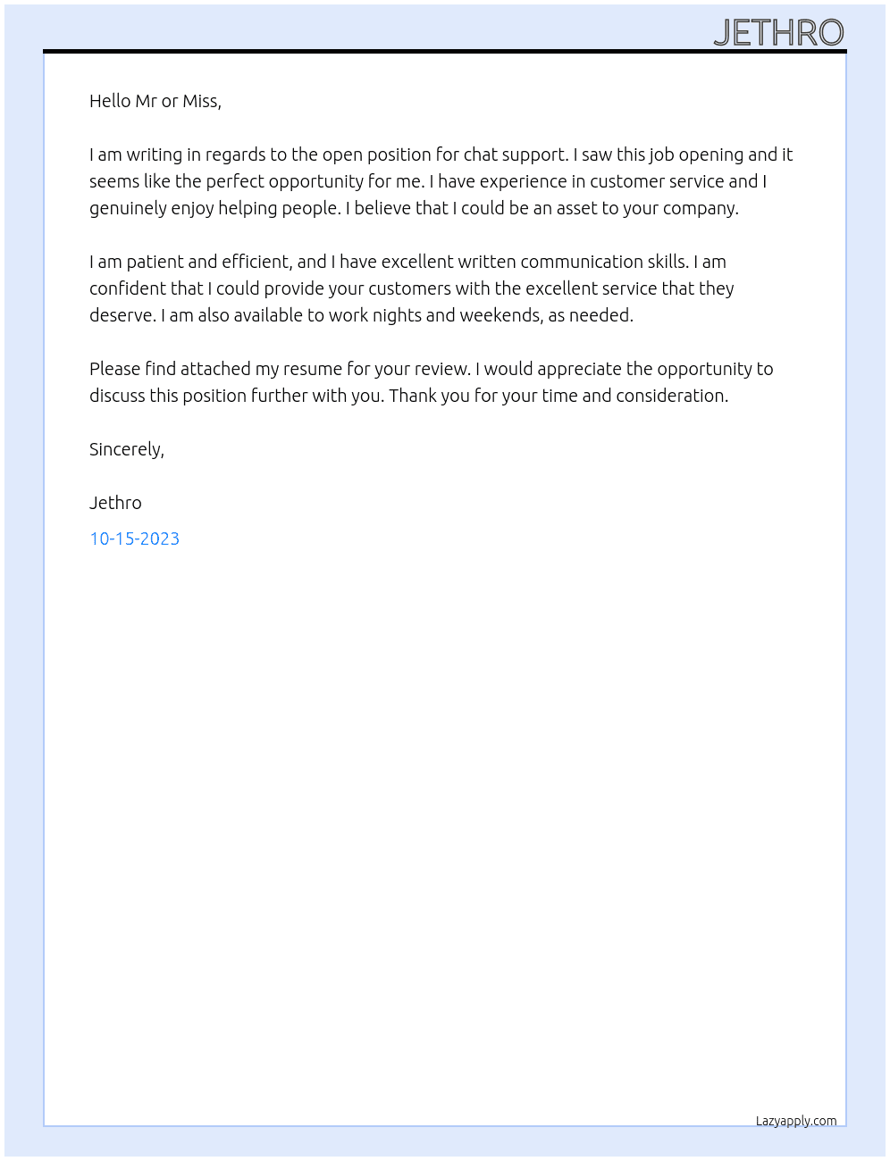 chat support At Mr or Miss Cover Letter