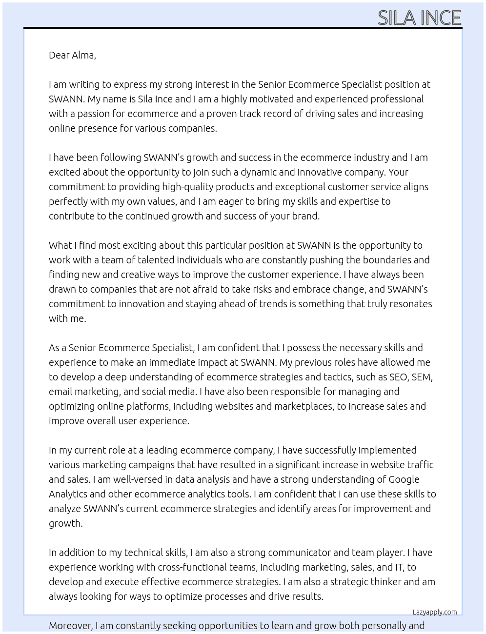 SENIOR ECOMMERCE SPECIALIST At SWANN Cover Letter