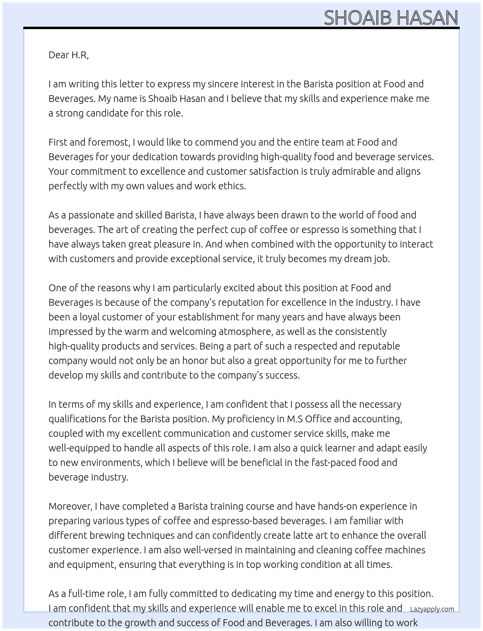 Barista  At Food and beverages  Cover Letter