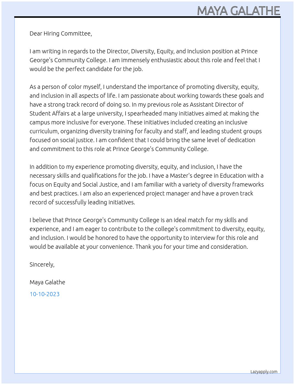 Cover letter for director, diversity, equity, and inclusion - LazyApply