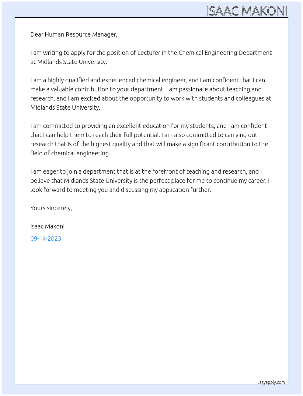 Lecturer in chemical engineering department  At Midlands state university Cover Letter