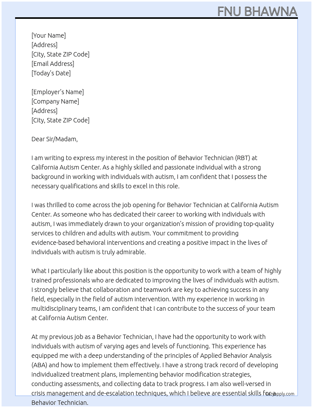 BEHAVIOR TECHNICIAN(RBT) At CALIFORNIA AUTISM CENTER Cover Letter