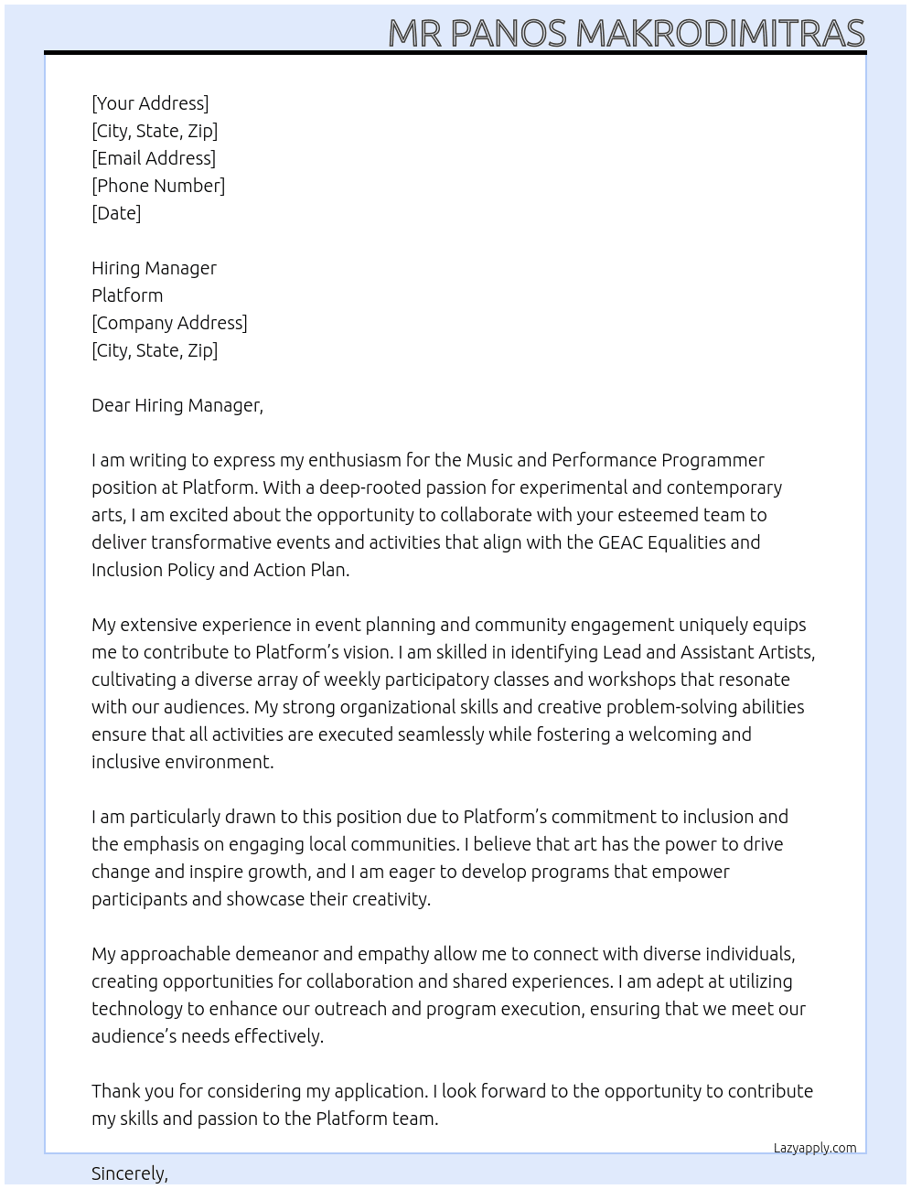 Cover letter for music and performance programmer - LazyApply