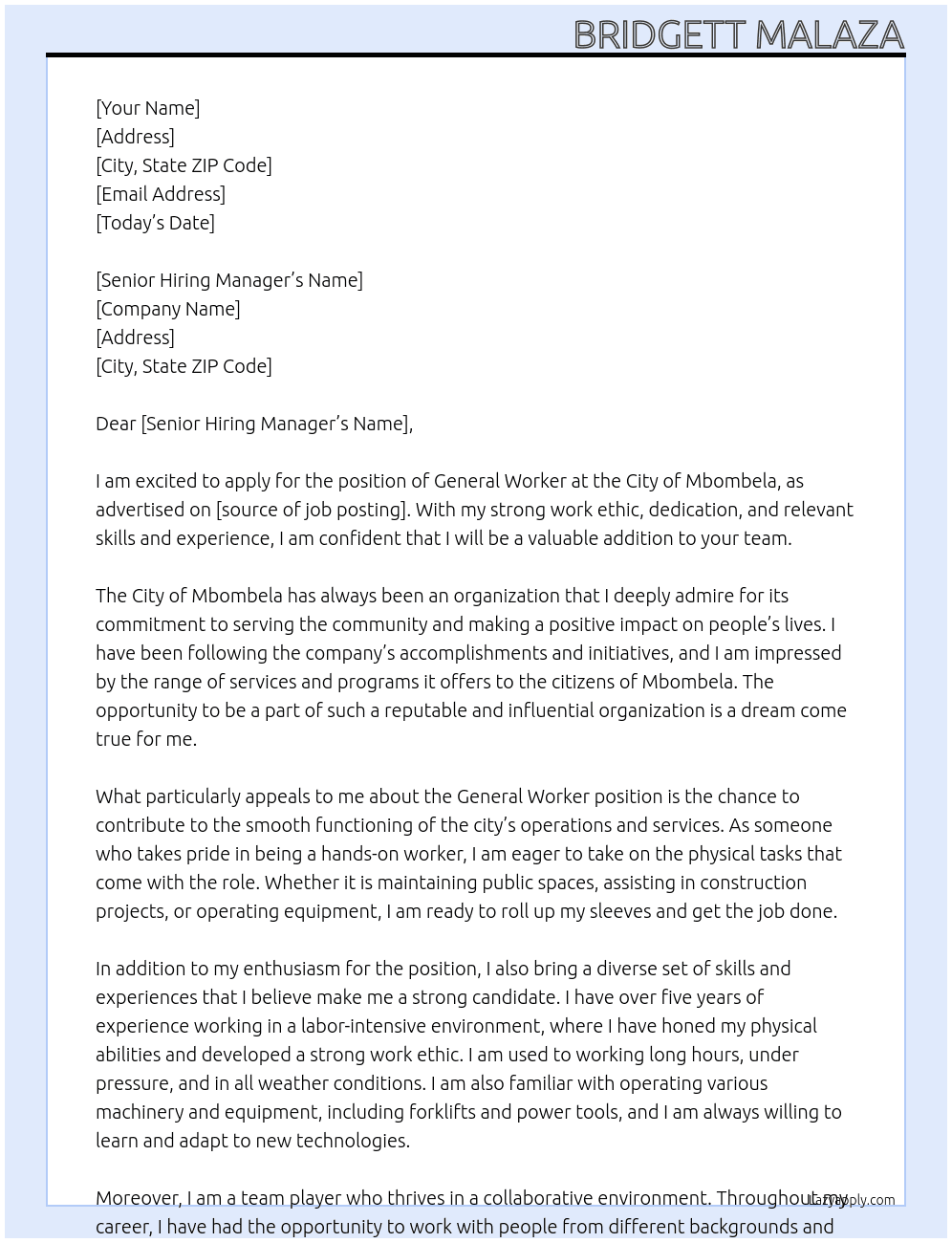 general worker At City of Mbombela  Cover Letter