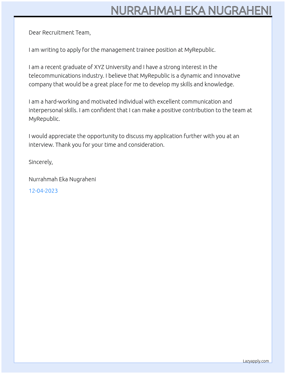 management trainee At MyRepublic Cover Letter