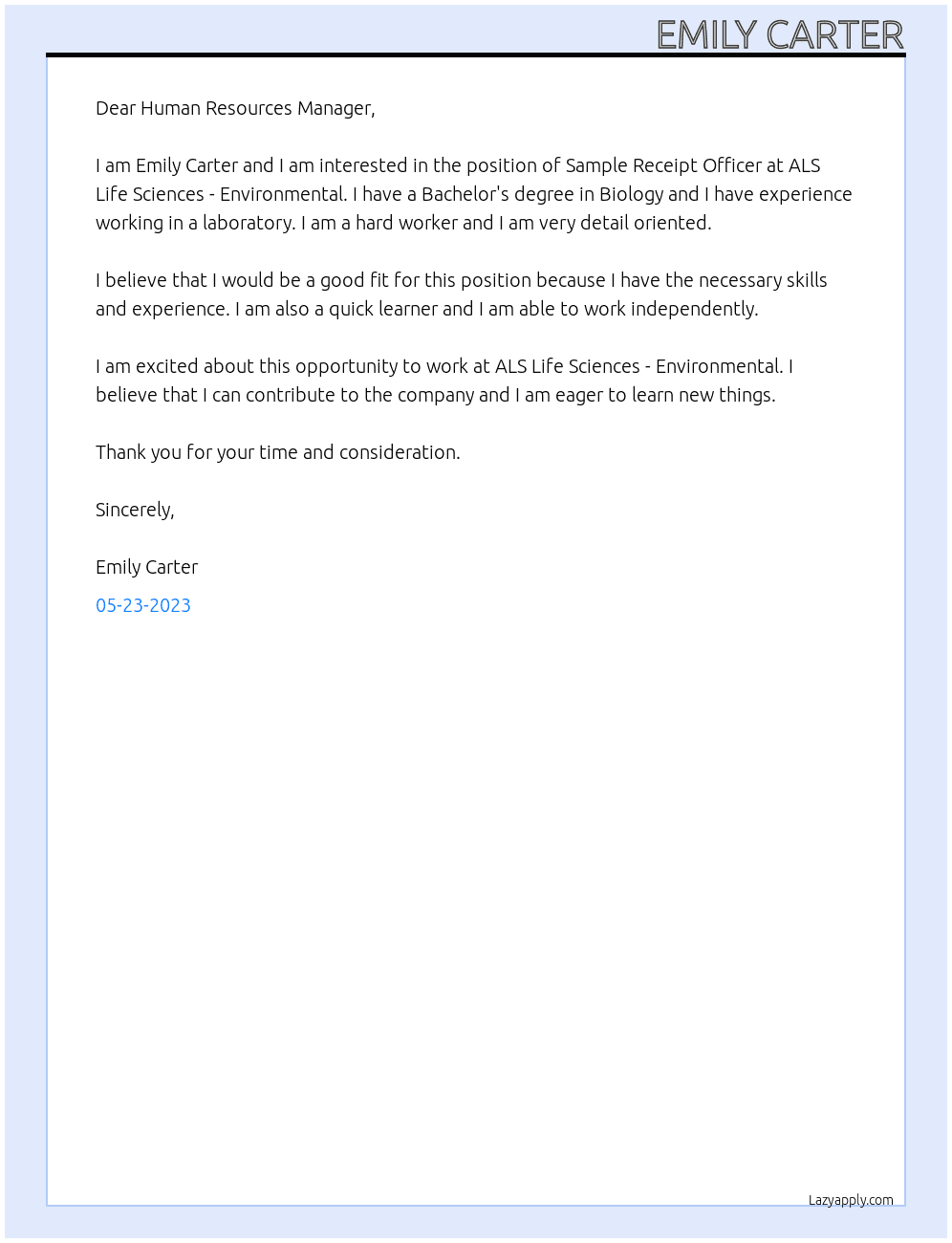 Sample Reciept Officer At ALS Life Sciences - Environmental Cover Letter