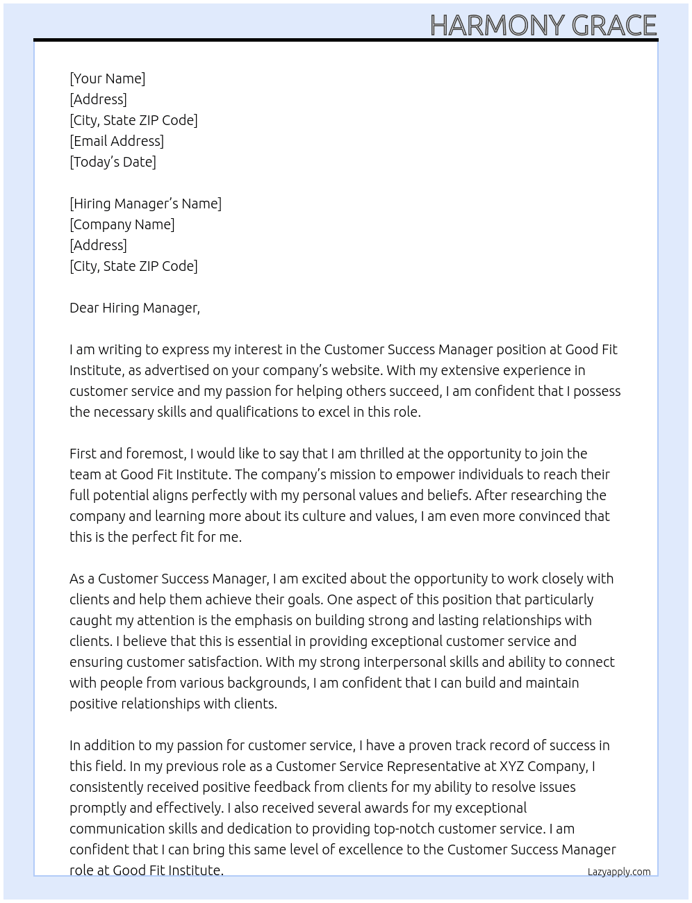 Customer Success Manager At Good Fit Institute Cover Letter
