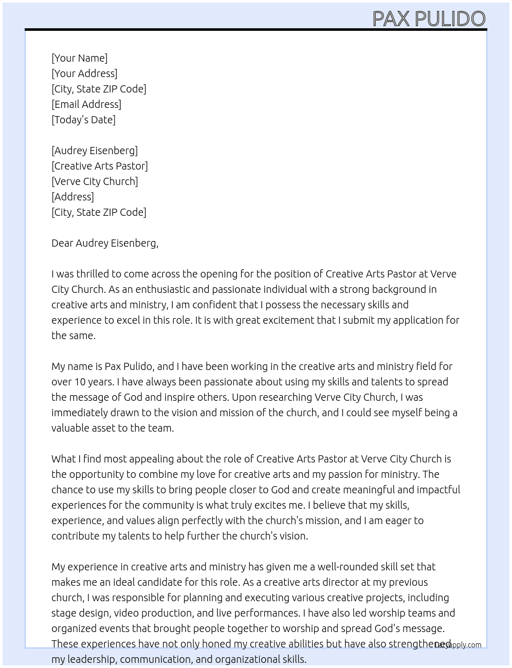 Creative Arts Pastor At Verve City Church Cover Letter