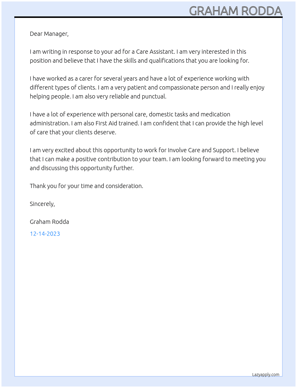 Care Assistant At Involve Care and Support Cover Letter
