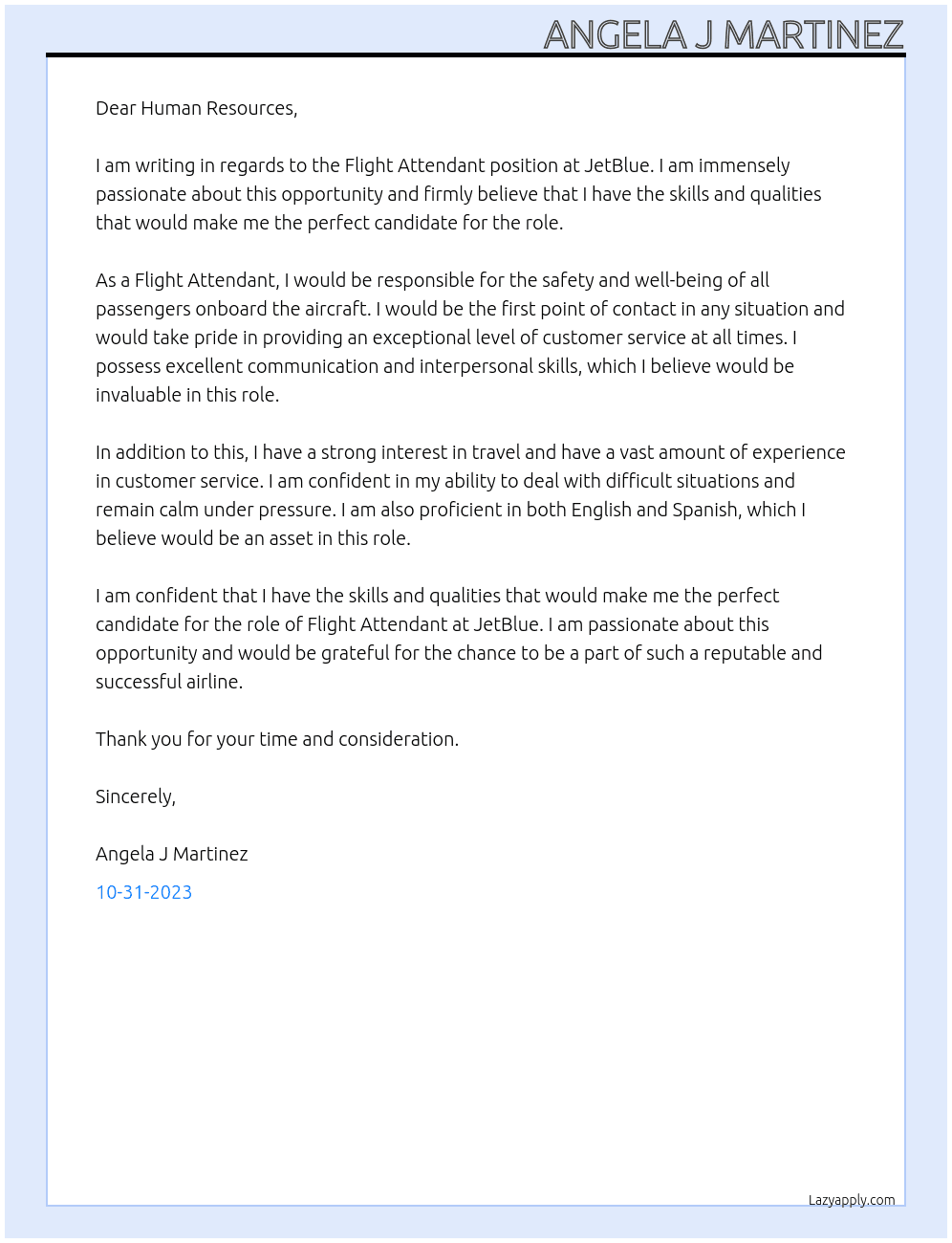 Flight Attendant At JetBlue Cover Letter