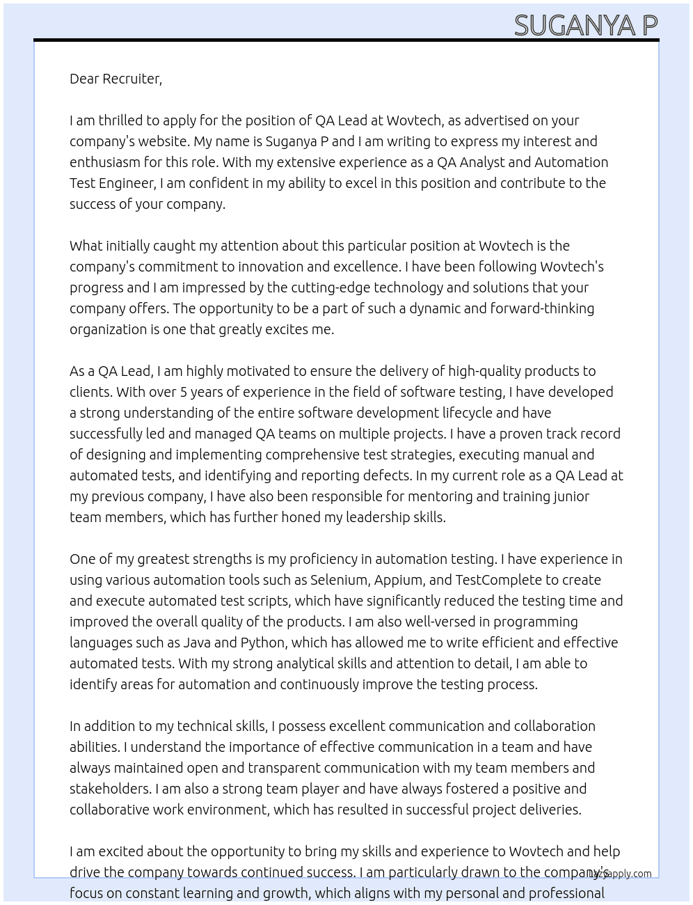 QA Lead At Wovtech Cover Letter