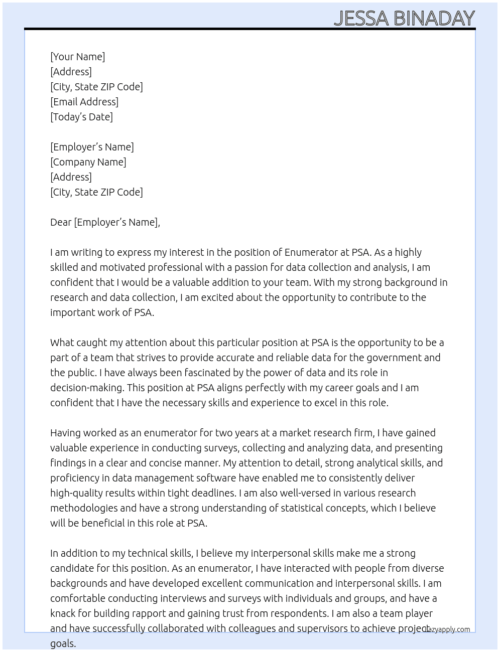 enumerator  At PSA Cover Letter
