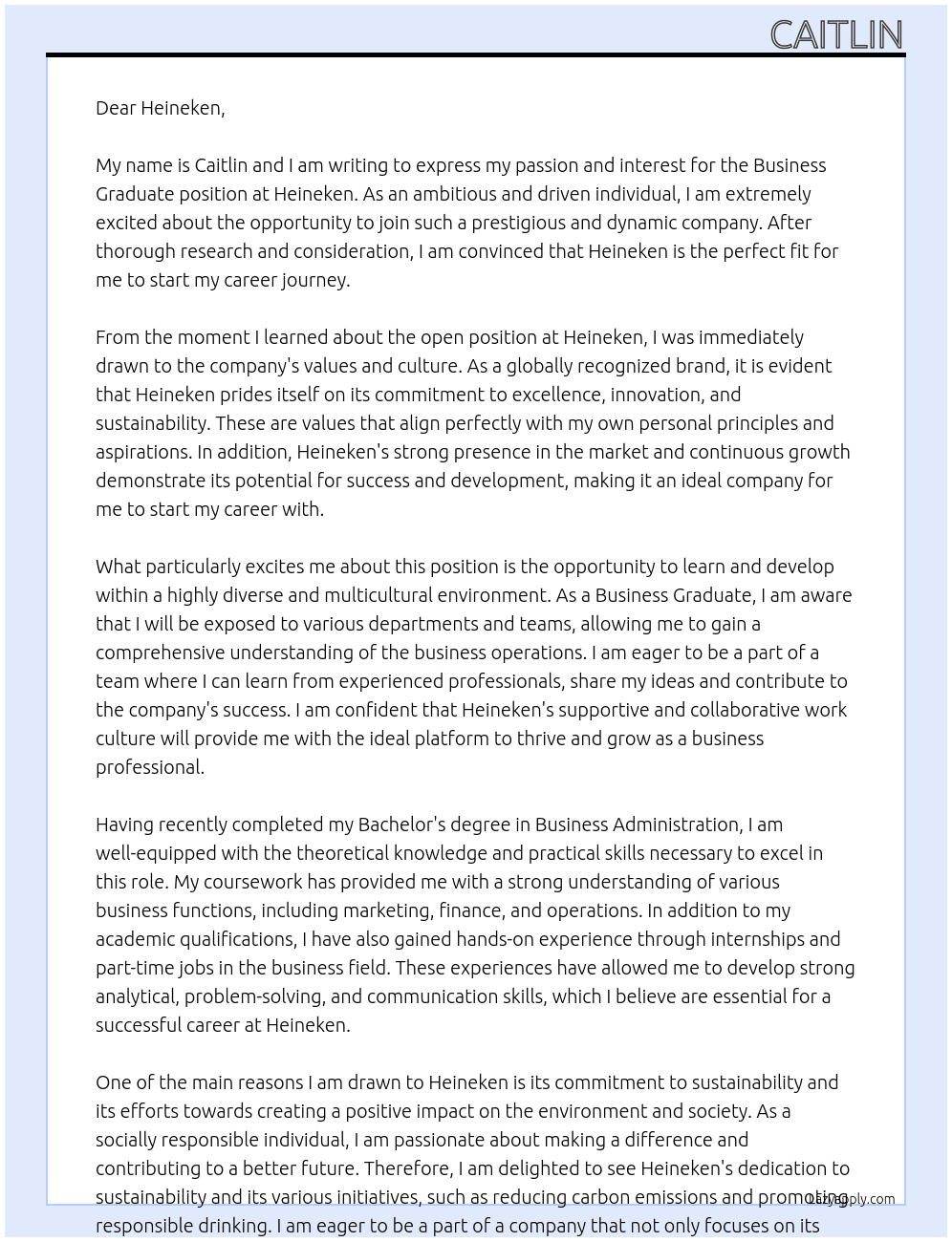 Business Graduate At Heineken Cover Letter