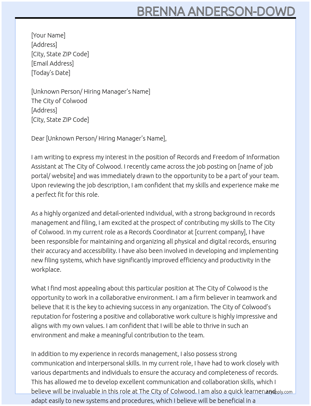 Records and Freedom of Information Assistant At The City of Colwood Cover Letter