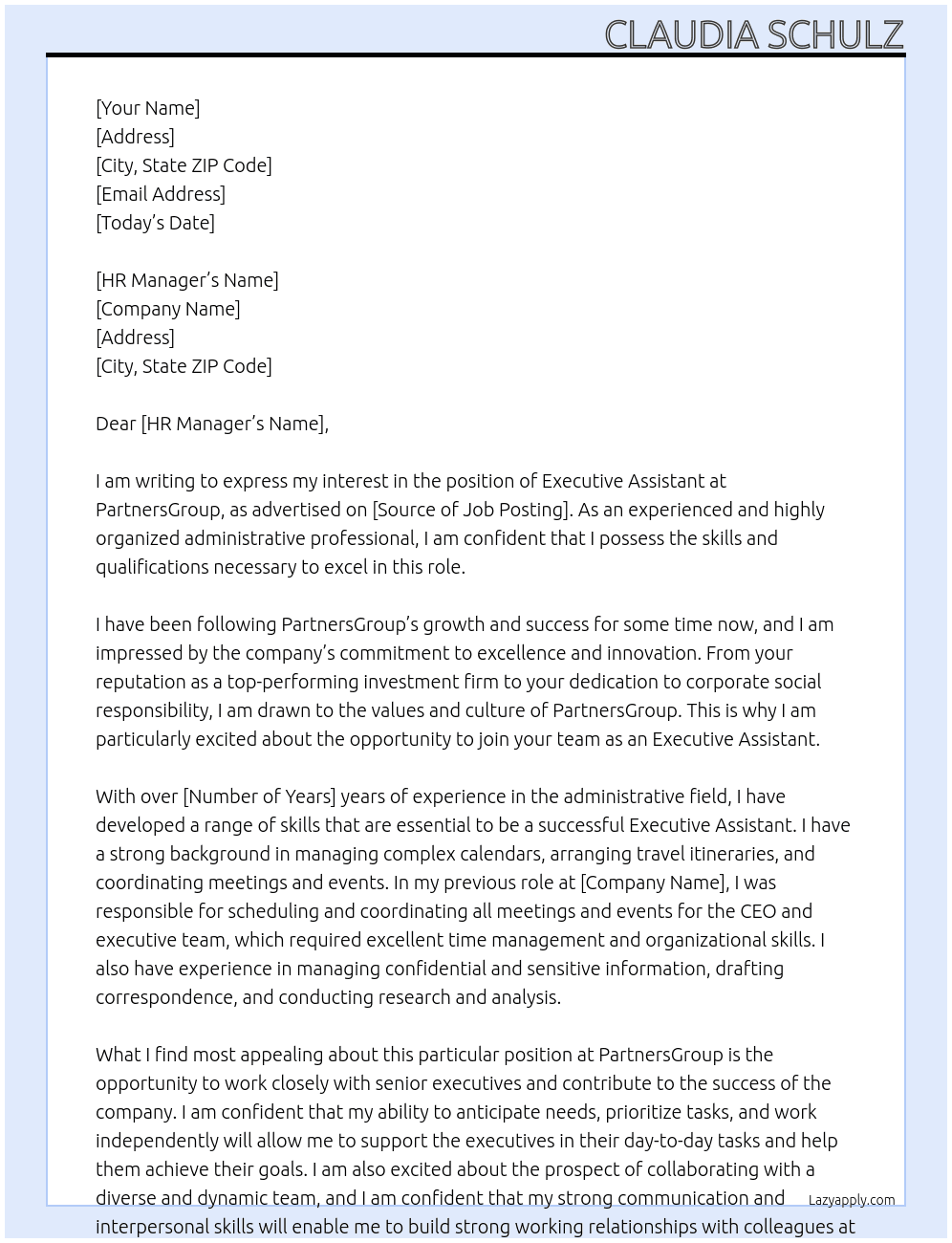 executive assistant  At partnersgroup Cover Letter