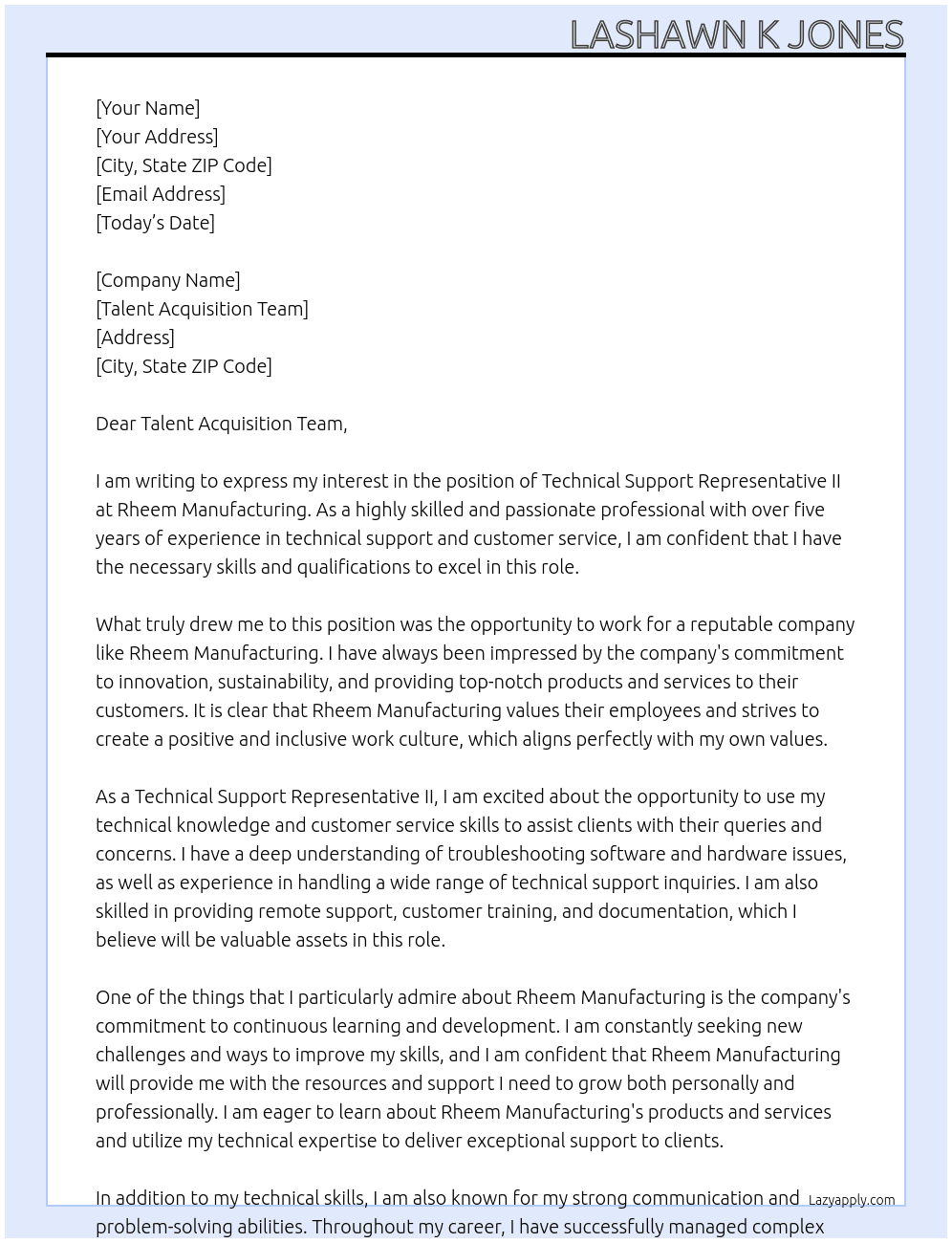 Technical Support Representative II At Rheem Manufacturing Cover Letter
