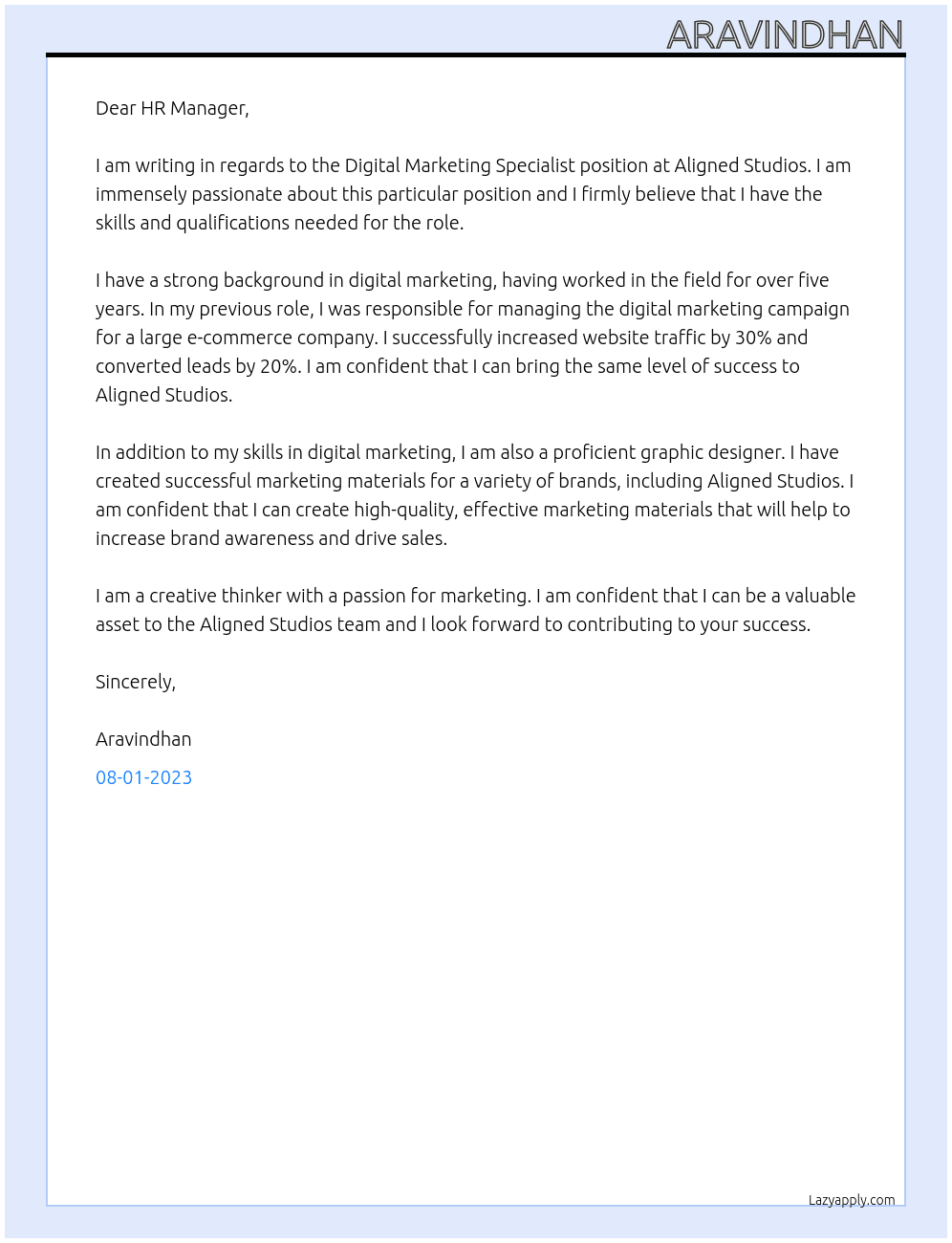Digital Marketing Specialist At Aligned Studios Cover Letter