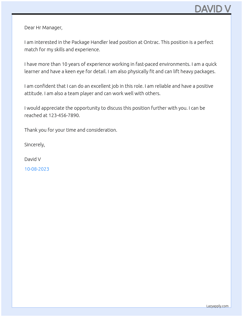 Package Handler lead At Ontrac Cover Letter