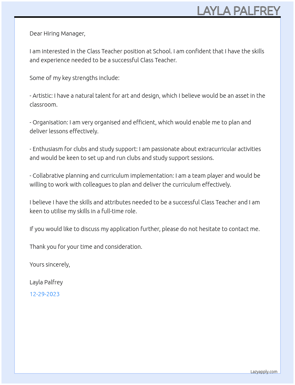 Class Teacher At School Cover Letter