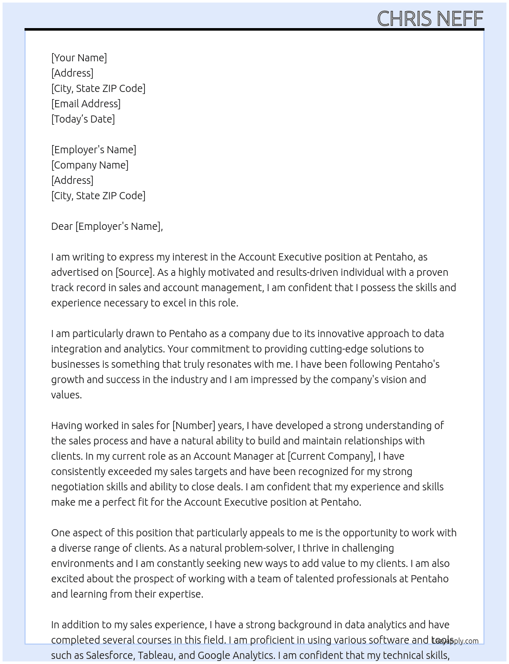 Account Executive At Pentaho Cover Letter