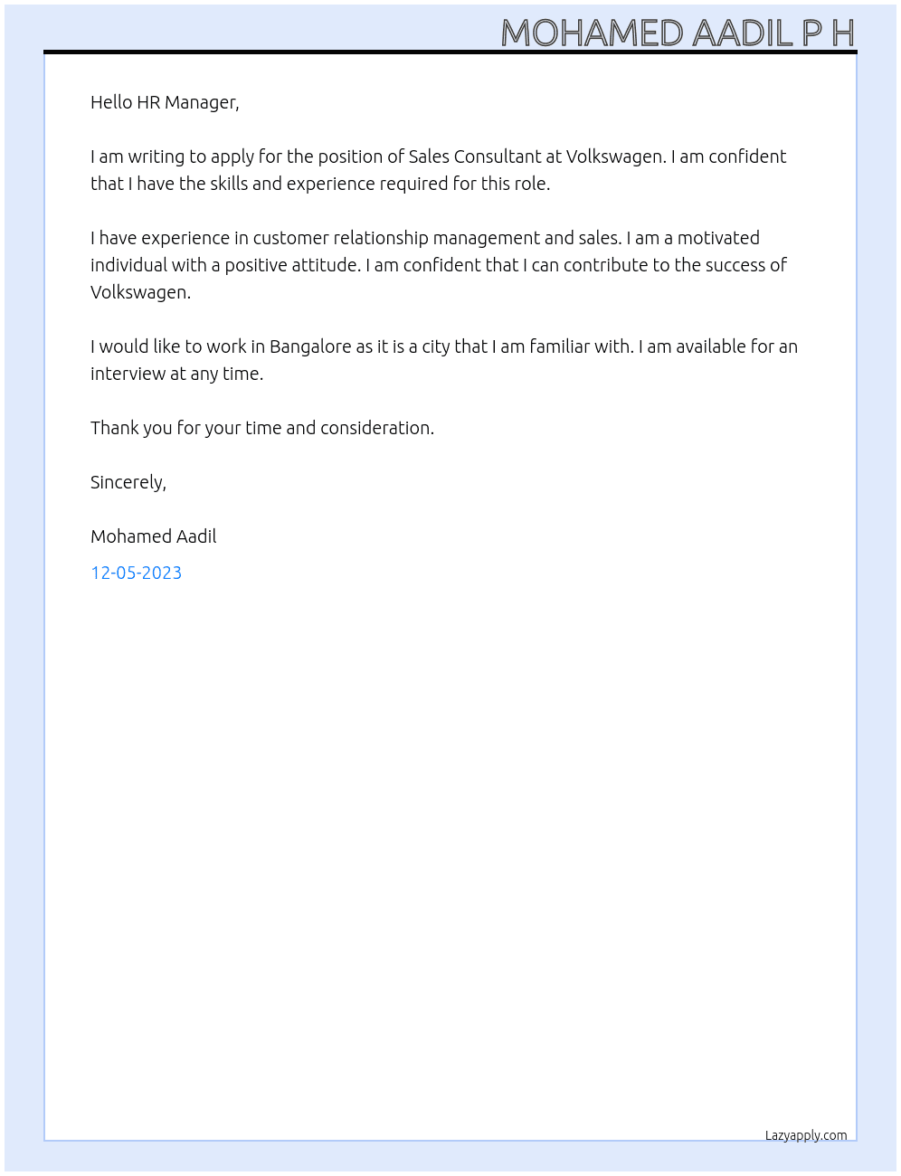 Sales consultant  At Volkswagen  Cover Letter