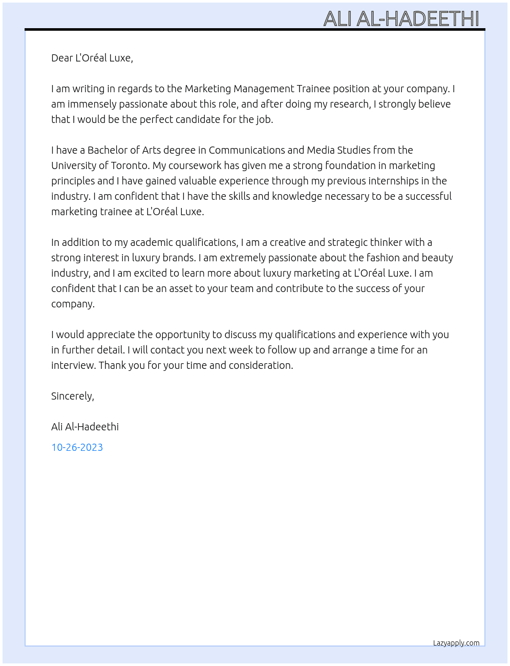 Marketing Management Trainee, L'Oréal Luxe At L'Oréal Luxe Cover Letter