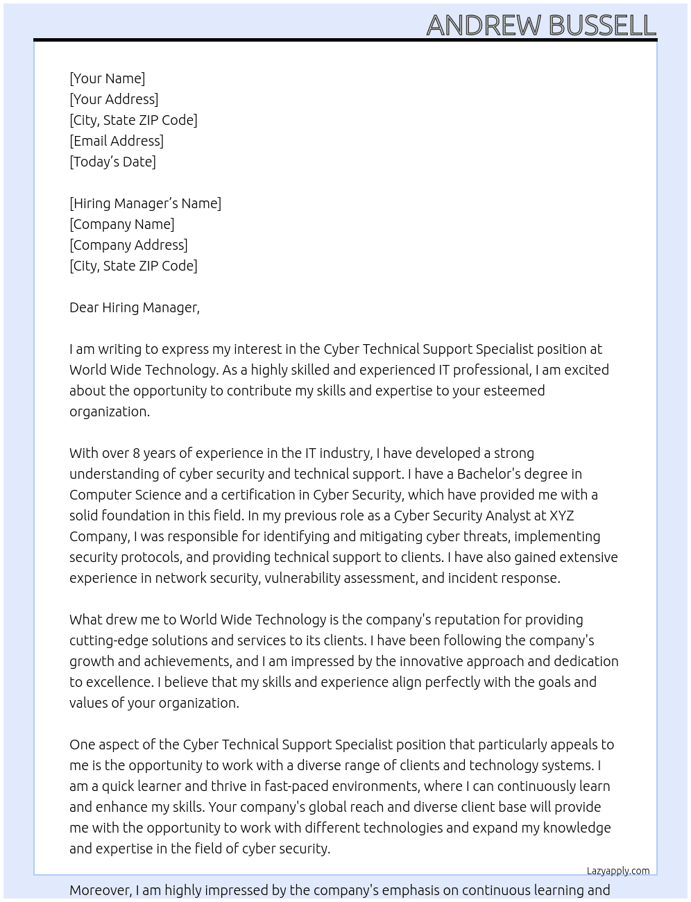 Cyber Technical Support Specialist At World Wide Technology Cover Letter