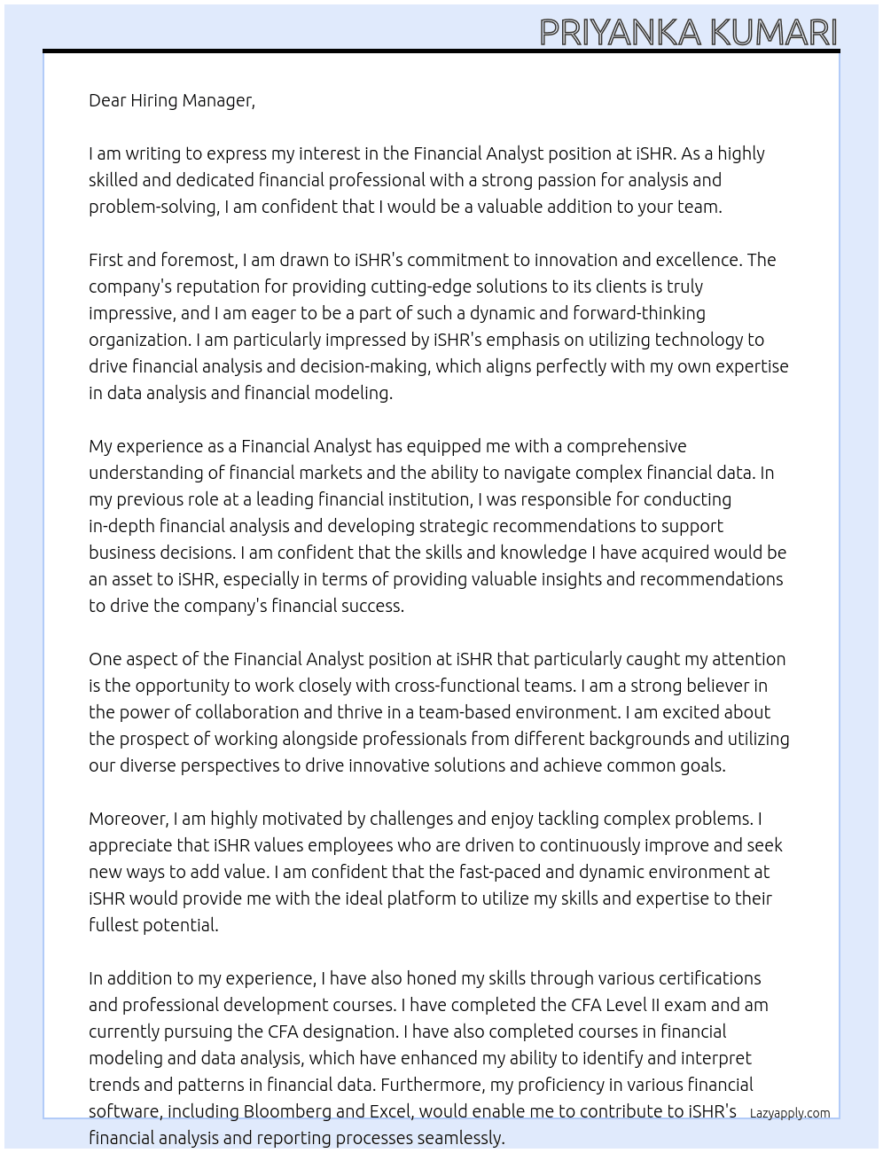 Financial Analyst At iSHR Cover Letter